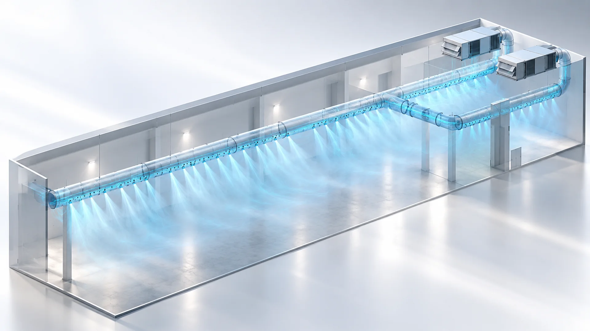 Visualização técnica de sistema HVAC com simulação de distribuição de ar